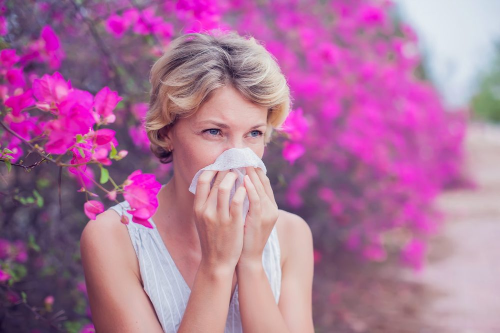 Woman standing near flowering bushes blowing her nose because of seasonal allergies